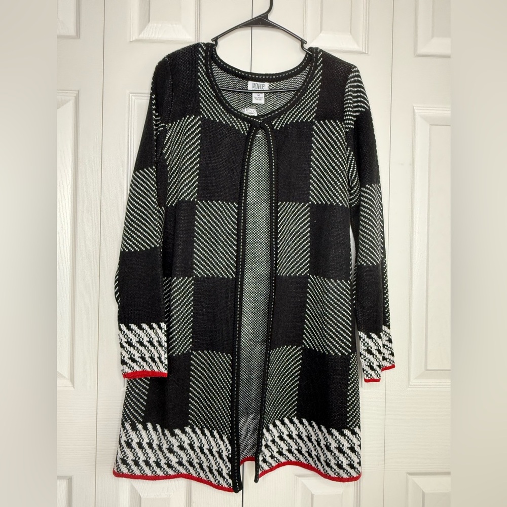 Monroe and Main Cardigan Sweater Open Front Plaid Houndstooth Patch Women's Sz M